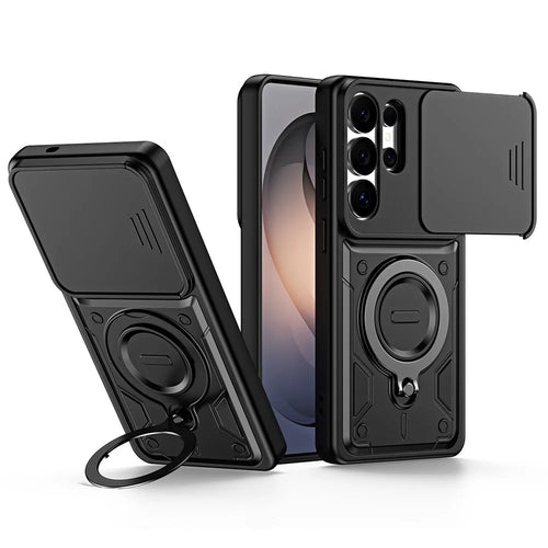 For Samsung Galaxy S26 Ultra Case with Slide Lens Cover Rotatable Kickstand Shockproof TPU + PC Phone Shell - Black - 1