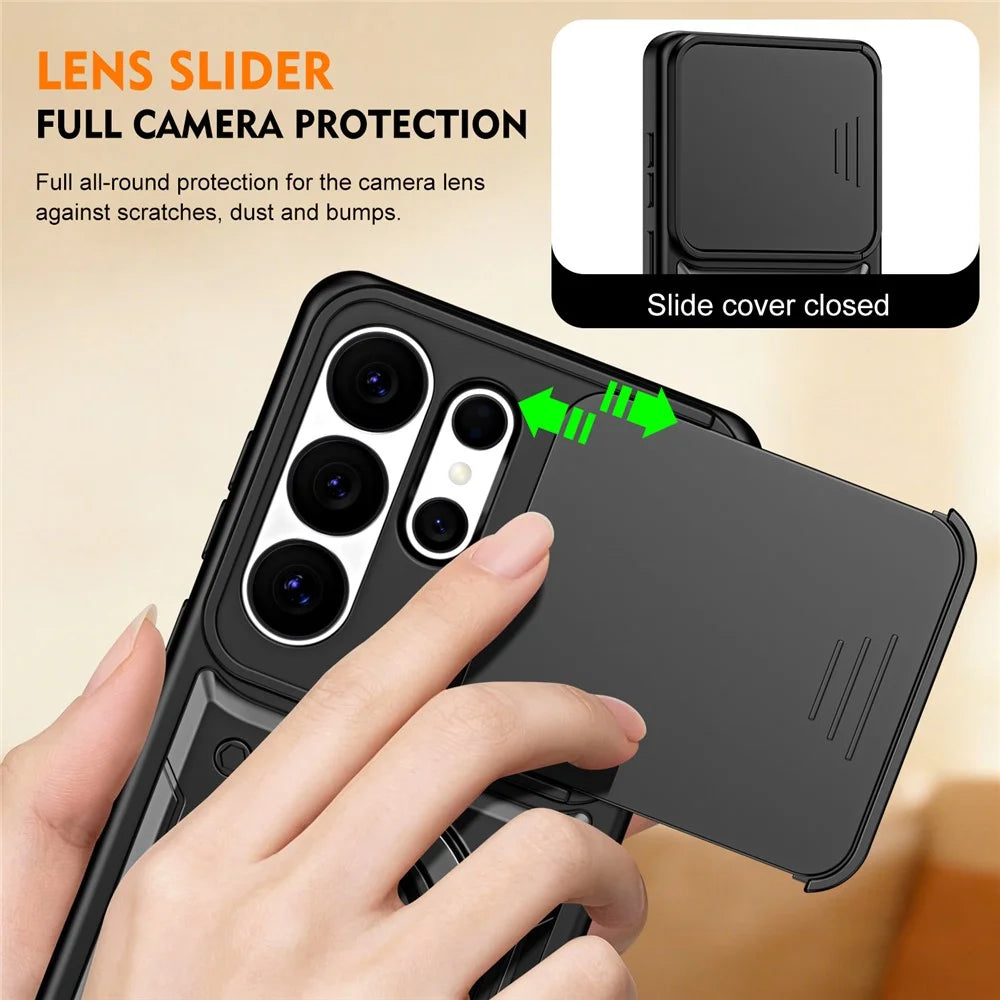 For Samsung Galaxy S26 Ultra Case with Slide Lens Cover Rotatable Kickstand Shockproof TPU + PC Phone Shell - Black - 6