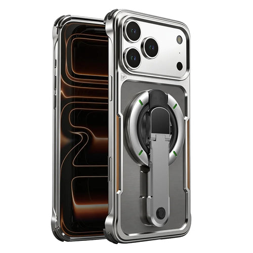 For iPhone 17 Pro Max Case with Magnetic Kickstand Titanium Metal Shockproof Armor Phone Cover - Silver - 1
