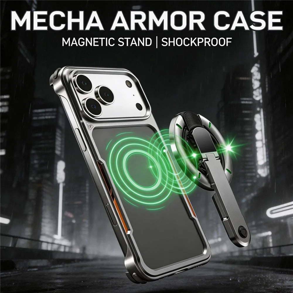 For iPhone 17 Pro Max Case with Magnetic Kickstand Titanium Metal Shockproof Armor Phone Cover - Silver - 2