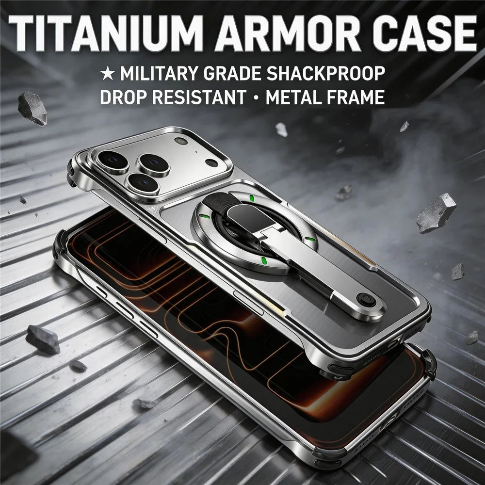 For iPhone 17 Pro Max Case with Magnetic Kickstand Titanium Metal Shockproof Armor Phone Cover - Silver - 3