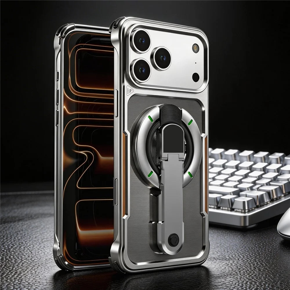 For iPhone 17 Pro Max Case with Magnetic Kickstand Titanium Metal Shockproof Armor Phone Cover - Silver - 7