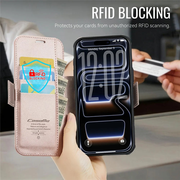 CASEME 053 for iPhone 18 Pro Max / 17 Pro Max Case Magnetic RFID Blocking Wallet Flip Leather Phone Cover - Champagne Gold - 4