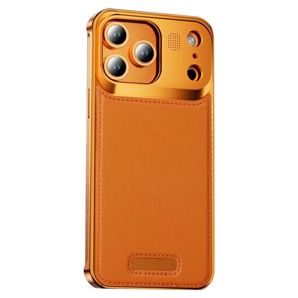 For iPhone 17 Pro Max Magnetic Case PU Leather + Metal Borderless Phone Cover with Aromatherapy Tablet - Orange - 1