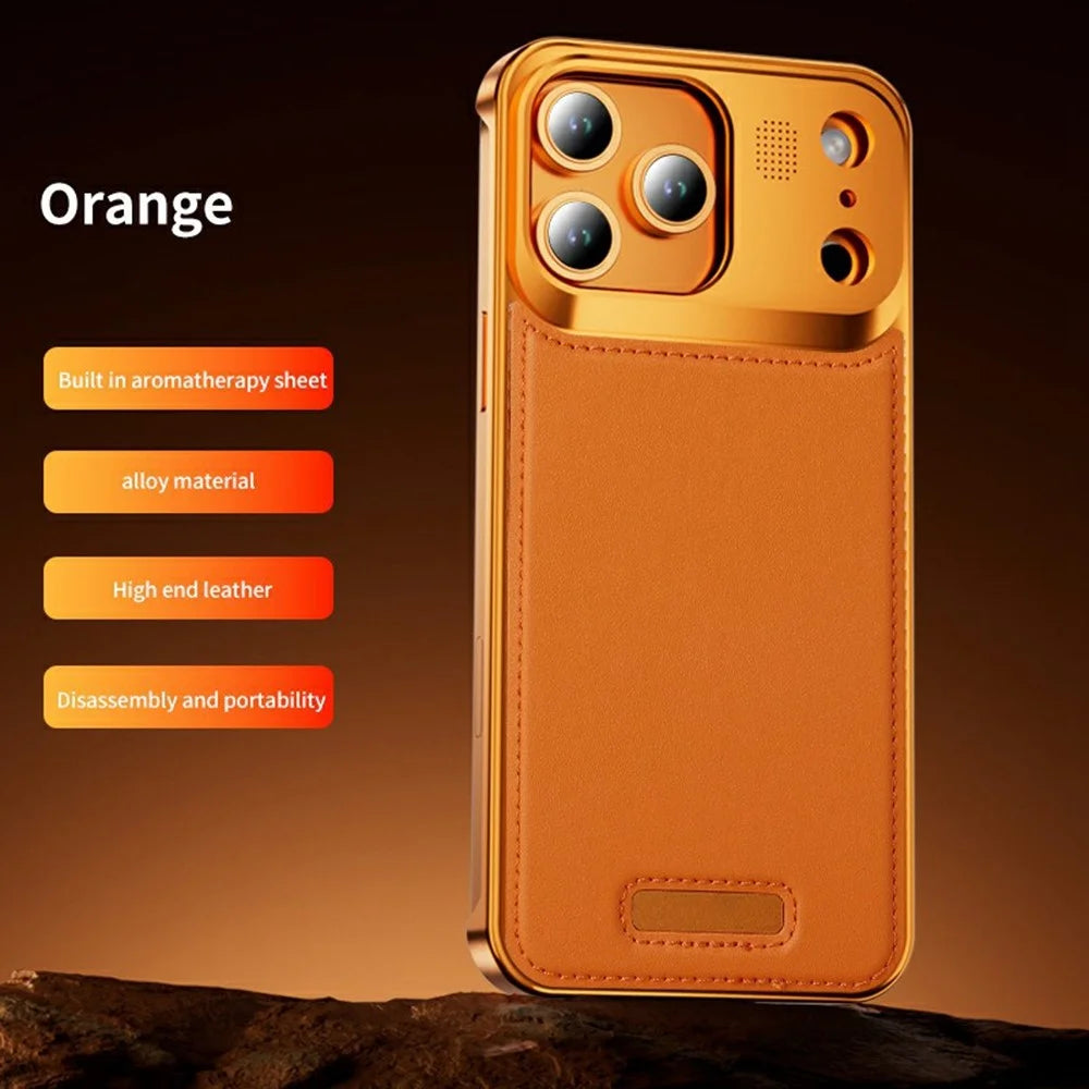 For iPhone 17 Pro Max Magnetic Case PU Leather + Metal Borderless Phone Cover with Aromatherapy Tablet - Orange - 2