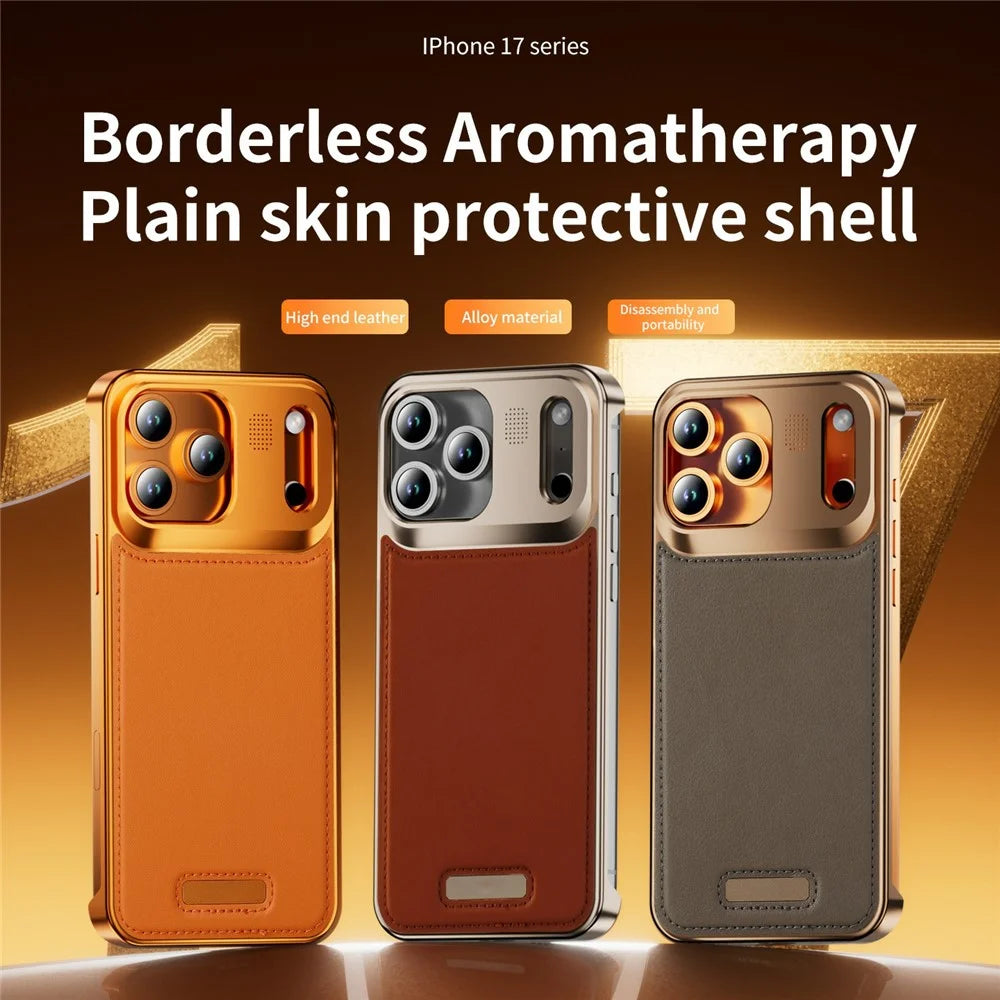 For iPhone 17 Pro Max Magnetic Case PU Leather + Metal Borderless Phone Cover with Aromatherapy Tablet - Orange - 3