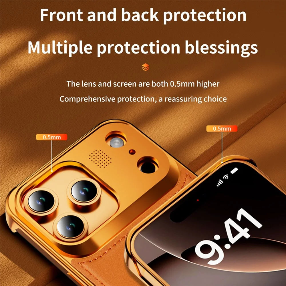 For iPhone 17 Pro Max Magnetic Case PU Leather + Metal Borderless Phone Cover with Aromatherapy Tablet - Orange - 5