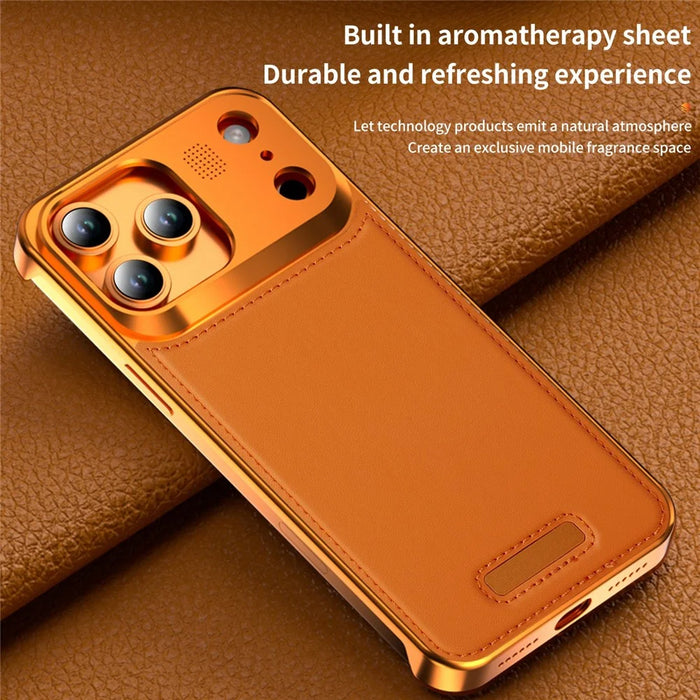 For iPhone 17 Pro Magnetic Case PU Leather + Metal Borderless Phone Cover with Aromatherapy Tablet - Orange - 4