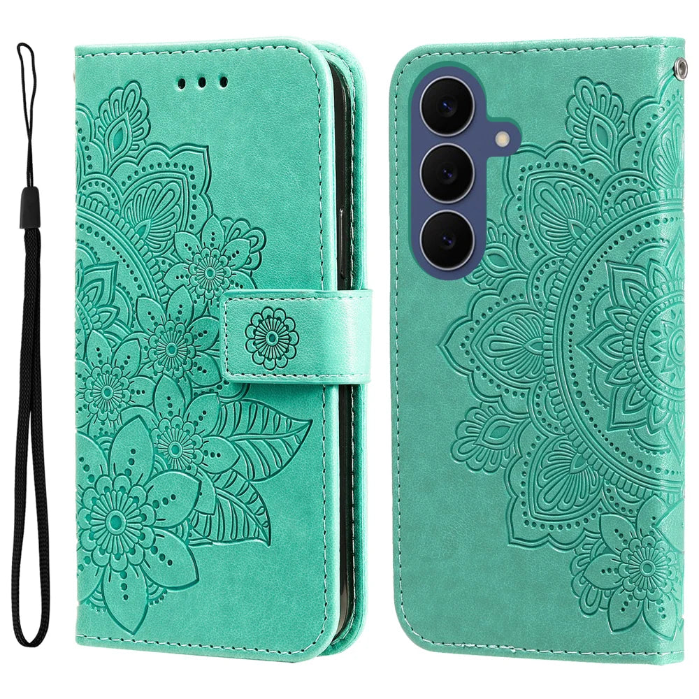 For Samsung Galaxy S26 FE Case Floral Pattern PU Leather Wallet Stand Phone Cover - Green - 1