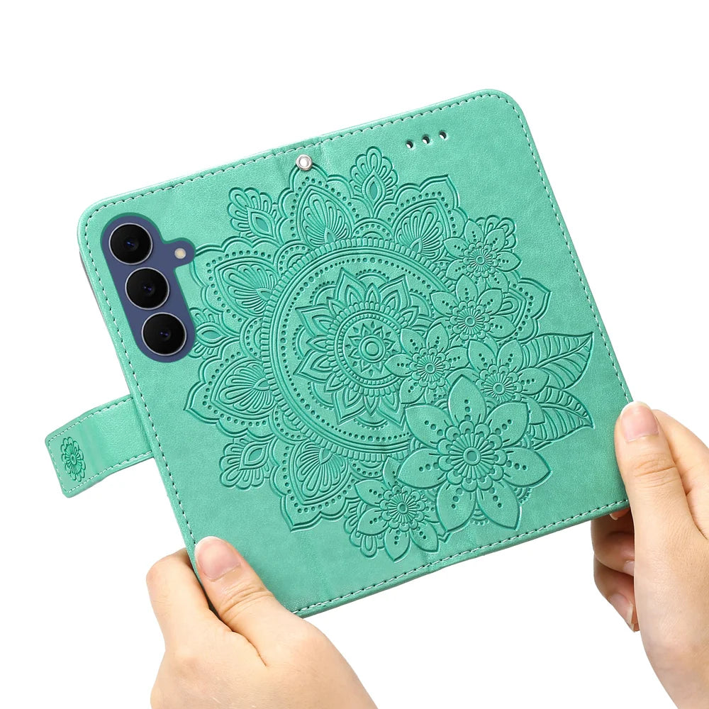 For Samsung Galaxy S26 FE Case Floral Pattern PU Leather Wallet Stand Phone Cover - Green - 2