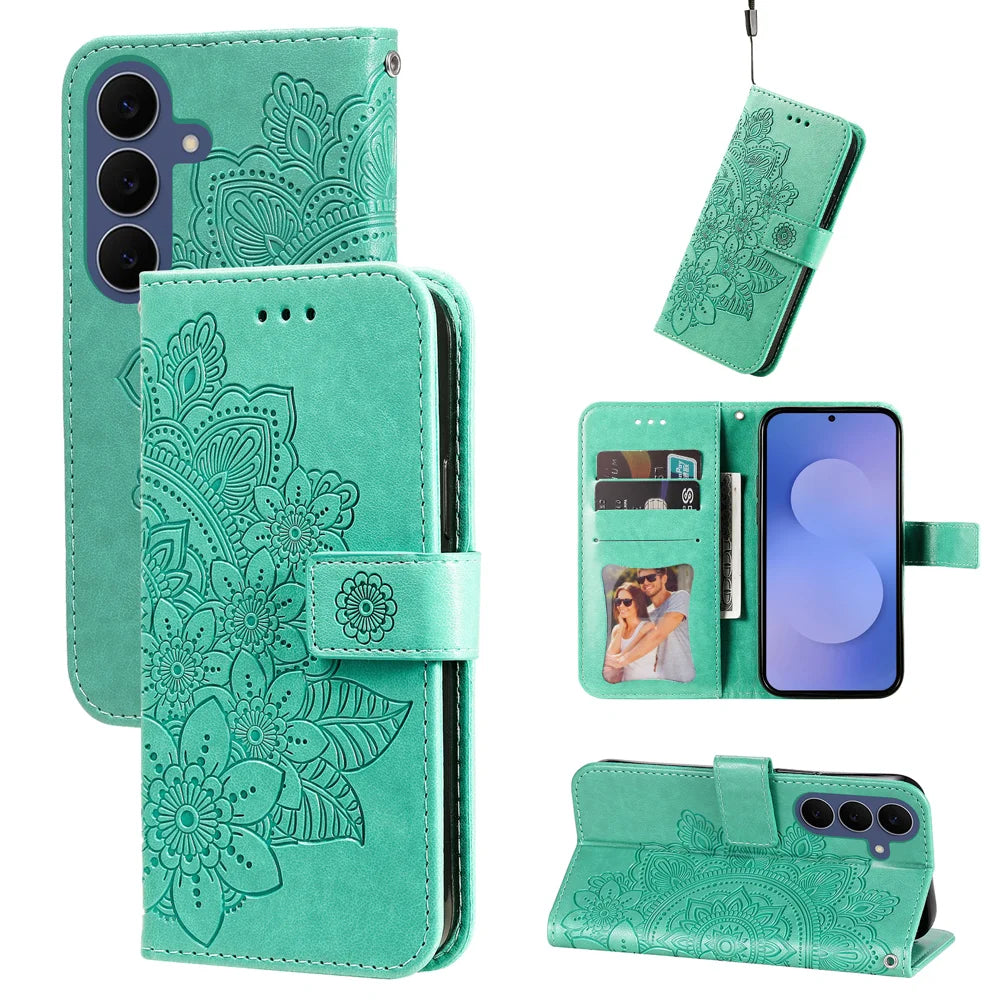 For Samsung Galaxy S26 FE Case Floral Pattern PU Leather Wallet Stand Phone Cover - Green - 3