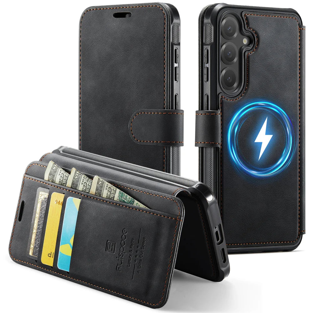 AUTSPACE for Samsung Galaxy S25 / Galaxy S24 A15 Case RFID Blocking Wallet Leather Magnetic Phone Cover - Black - 1