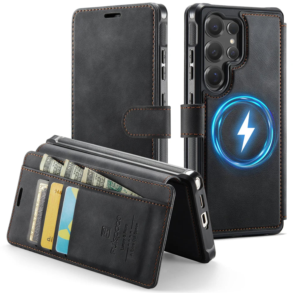 AUTSPACE for Samsung Galaxy S24 Ultra A15 Case RFID Blocking Wallet Leather Magnetic Phone Cover - Black - 1