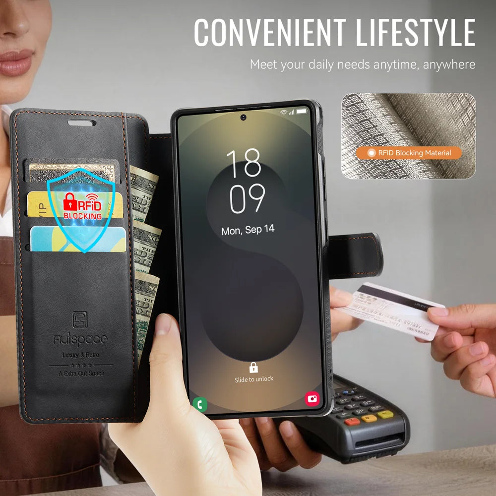 AUTSPACE for Samsung Galaxy S24 Ultra A15 Case RFID Blocking Wallet Leather Magnetic Phone Cover - Black - 7