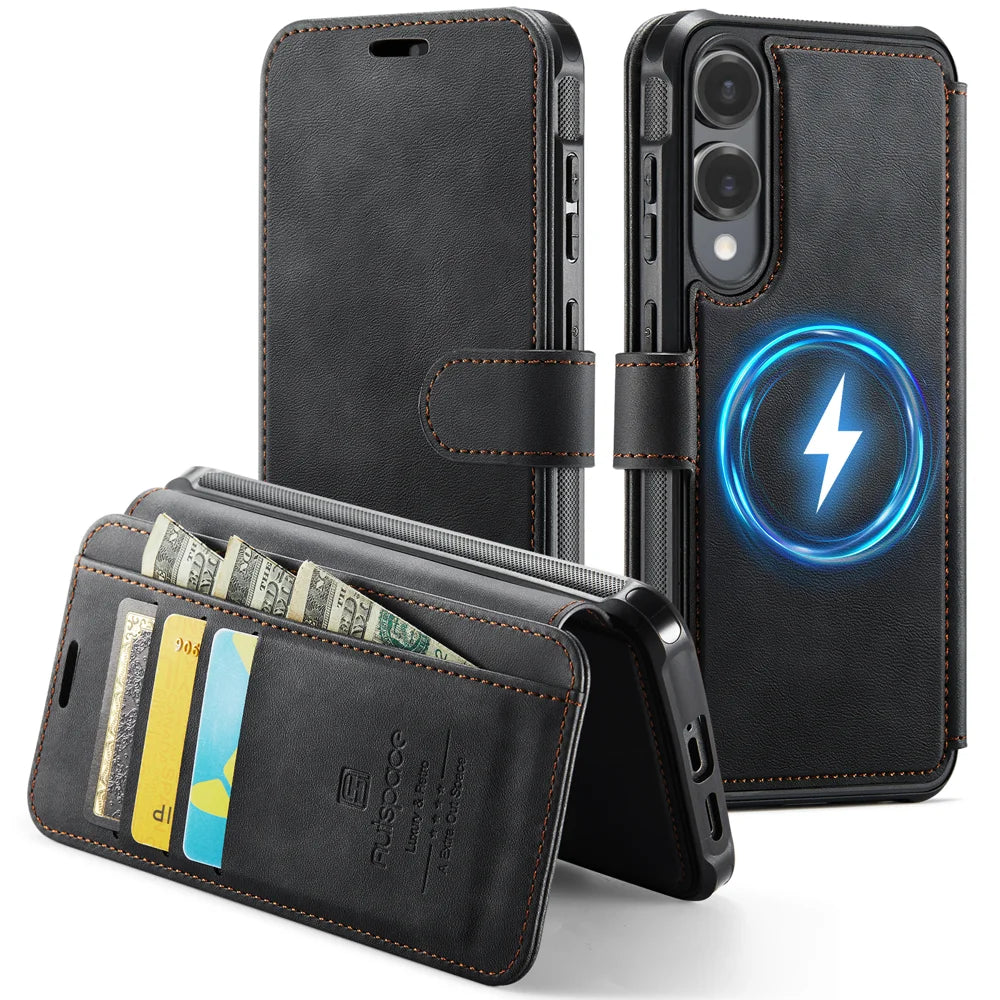 AUTSPACE for Samsung Galaxy S25 Edge A15 Case RFID Blocking Wallet Leather Magnetic Phone Cover - Black - 1