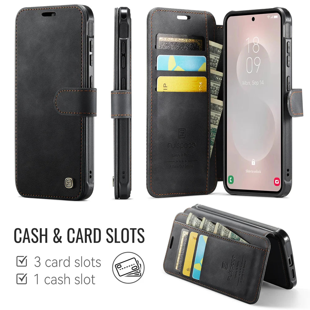 AUTSPACE for Samsung Galaxy S25 Edge A15 Case RFID Blocking Wallet Leather Magnetic Phone Cover - Black - 2