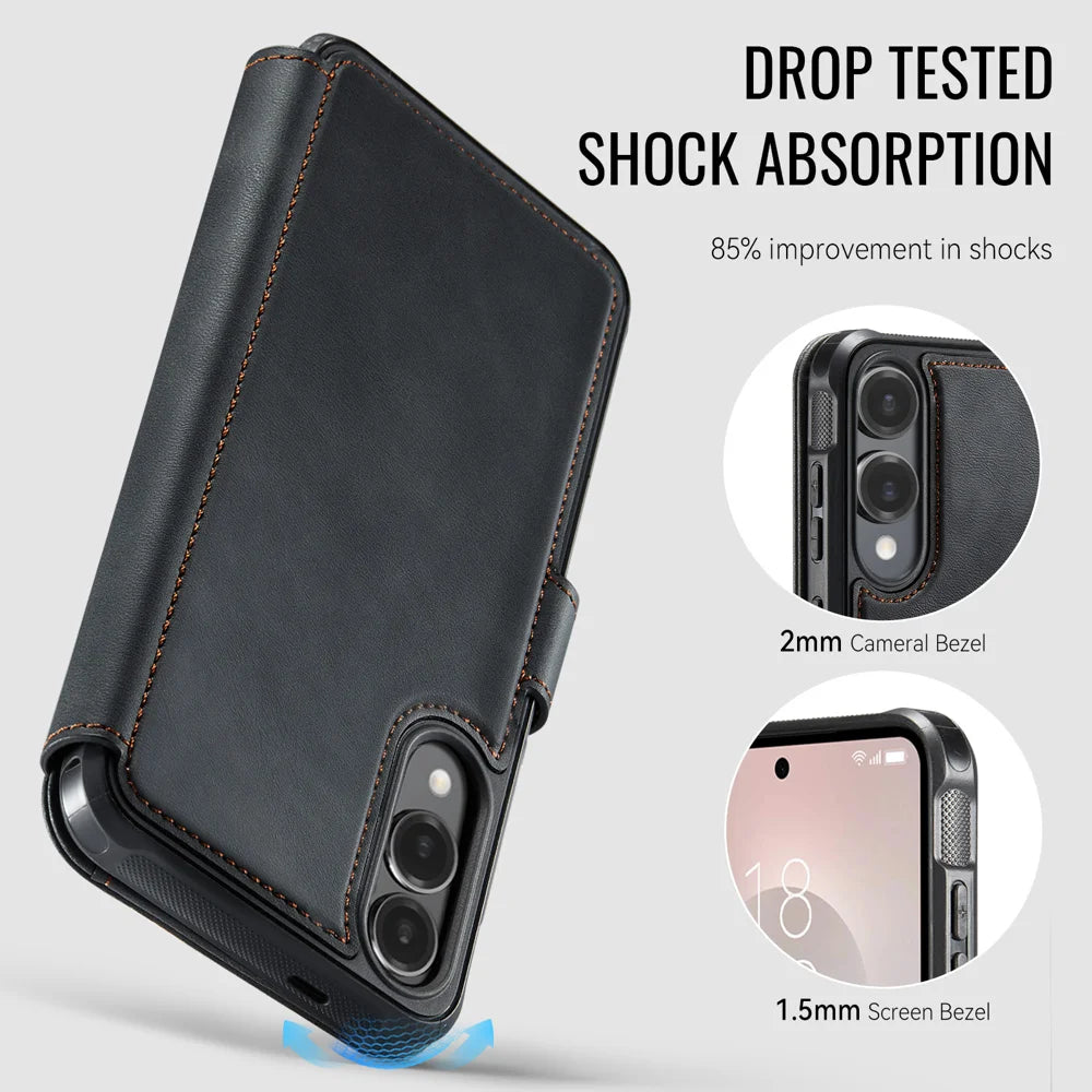 AUTSPACE for Samsung Galaxy S25 Edge A15 Case RFID Blocking Wallet Leather Magnetic Phone Cover - Black - 3
