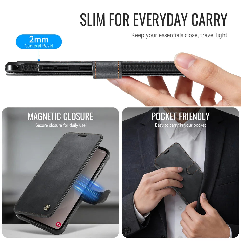 AUTSPACE for Samsung Galaxy S25 Edge A15 Case RFID Blocking Wallet Leather Magnetic Phone Cover - Black - 4