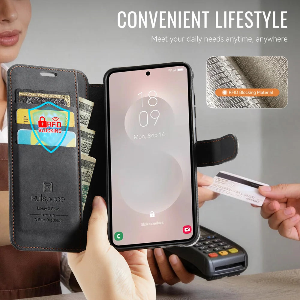 AUTSPACE for Samsung Galaxy S25 Edge A15 Case RFID Blocking Wallet Leather Magnetic Phone Cover - Black - 7