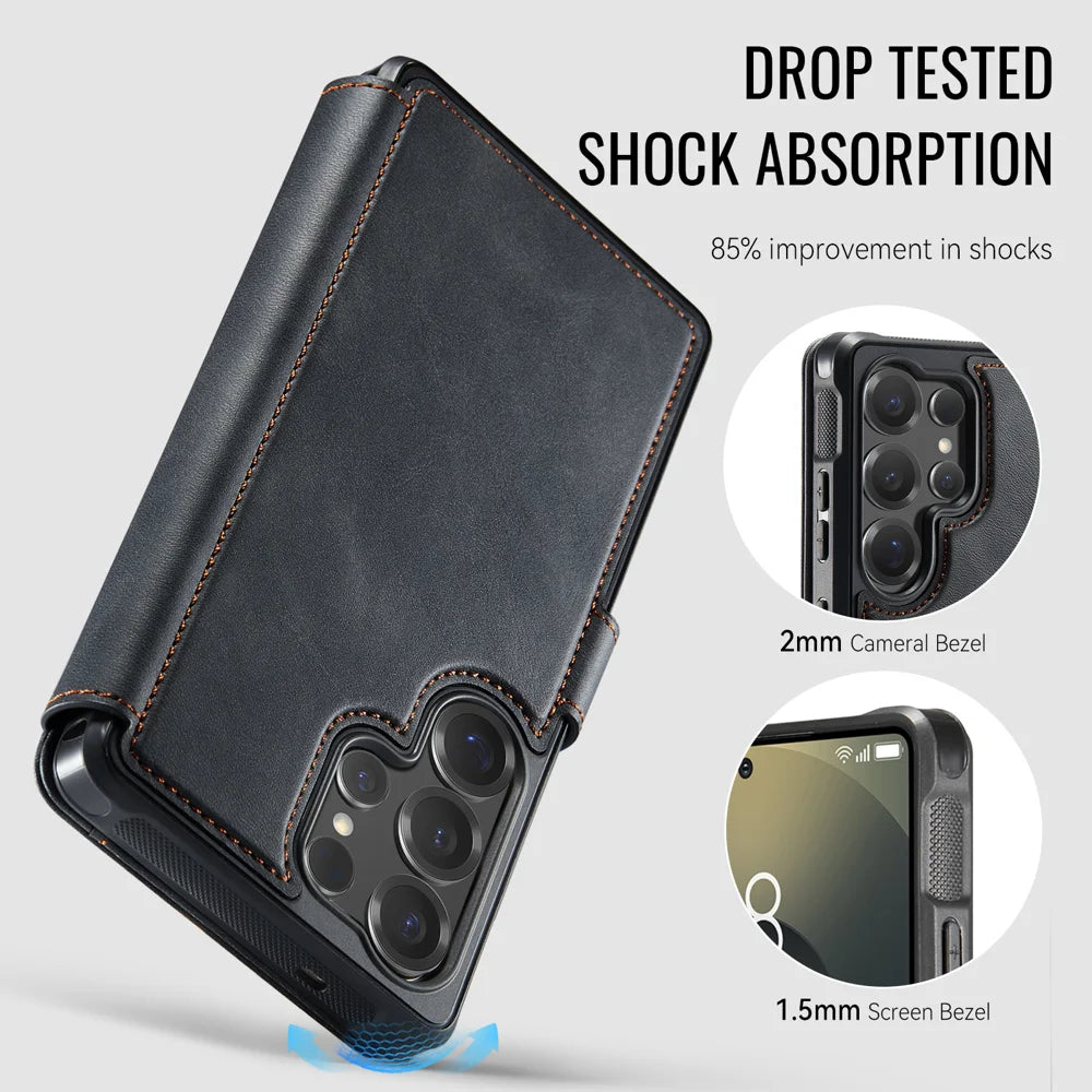 AUTSPACE for Samsung Galaxy S26 Ultra A15 Case RFID Blocking Wallet Leather Magnetic Phone Cover - Black - 3