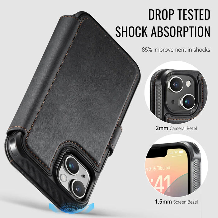 AUTSPACE for iPhone 14 A15 Case RFID Blocking Wallet Leather Magnetic Phone Cover - Black - 3