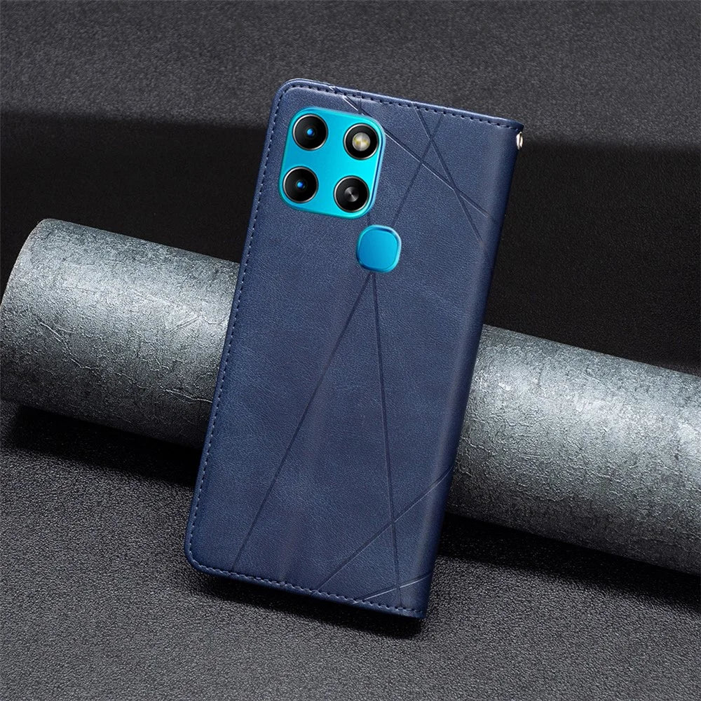 For Infinix Smart 6 / X6511B Leather Case with Card Holder Imprinting Pattern Phone Stand Cover - Blue - 6