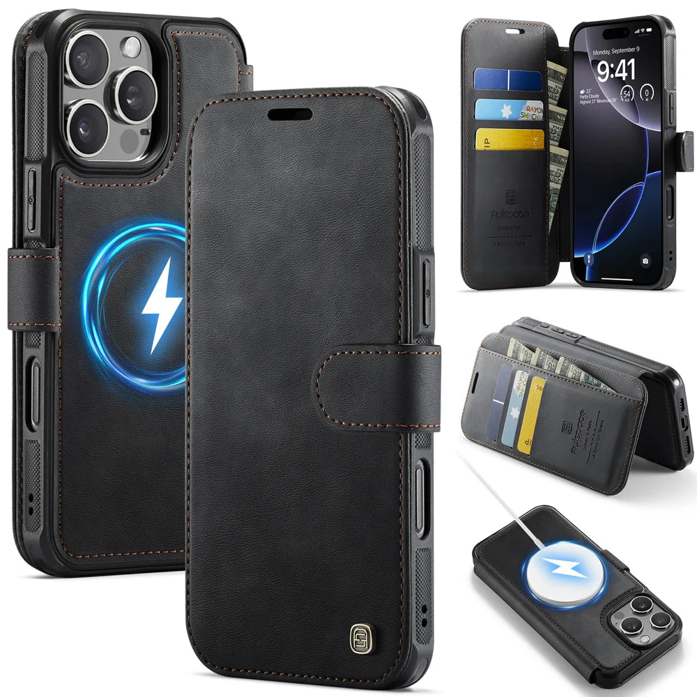 AUTSPACE for iPhone 16 Pro A15 Case RFID Blocking Wallet Leather Magnetic Phone Cover - Black - 1