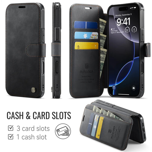 AUTSPACE for iPhone 16 Pro A15 Case RFID Blocking Wallet Leather Magnetic Phone Cover - Black - 2