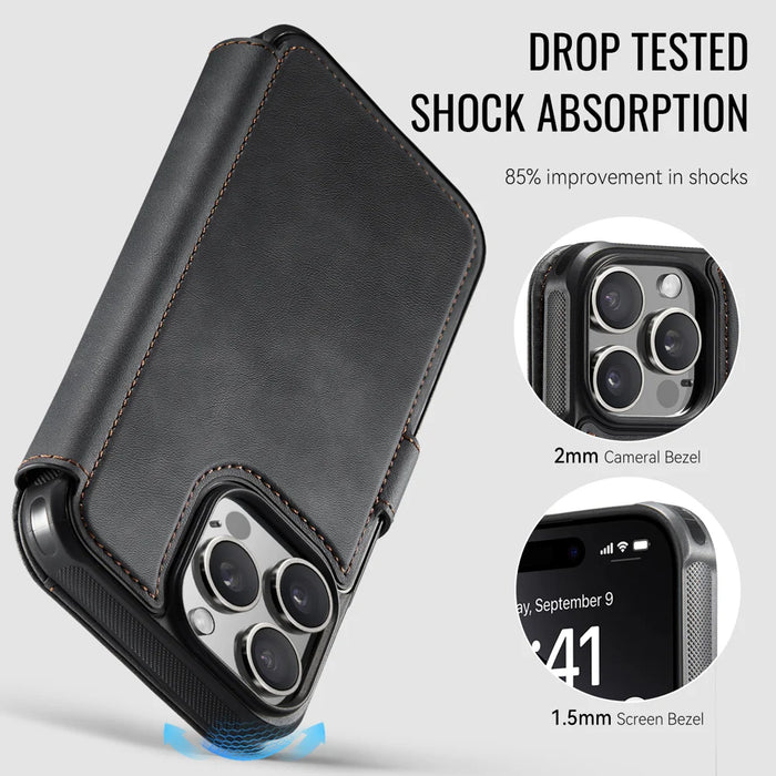AUTSPACE for iPhone 16 Pro A15 Case RFID Blocking Wallet Leather Magnetic Phone Cover - Black - 3