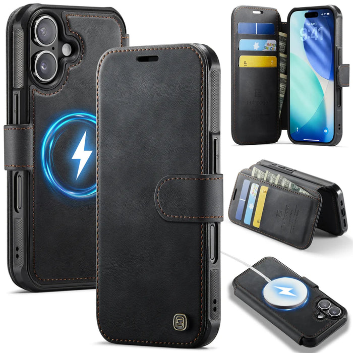 AUTSPACE for iPhone 16 A15 Case RFID Blocking Wallet Leather Magnetic Phone Cover - Black - 1