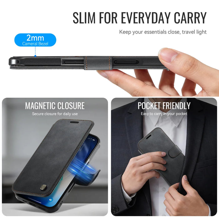 AUTSPACE for iPhone 16 A15 Case RFID Blocking Wallet Leather Magnetic Phone Cover - Black - 4