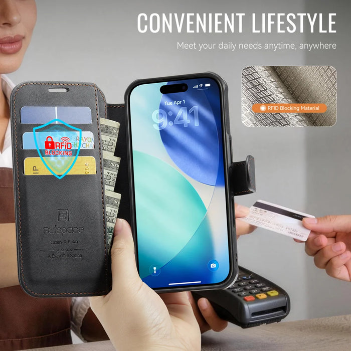 AUTSPACE for iPhone 16 A15 Case RFID Blocking Wallet Leather Magnetic Phone Cover - Black - 7