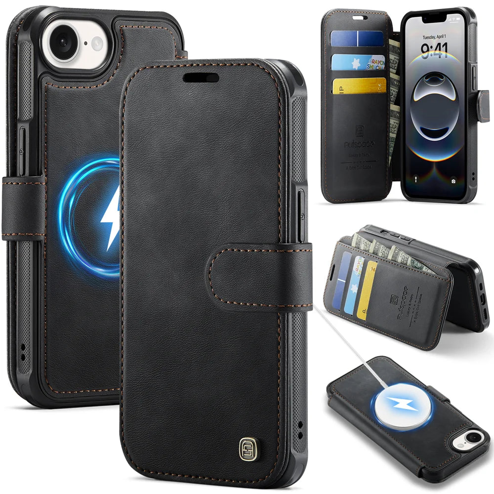 AUTSPACE for iPhone 17e / iPhone 16e A15 Case RFID Blocking Wallet Leather Magnetic Phone Cover - Black - 1