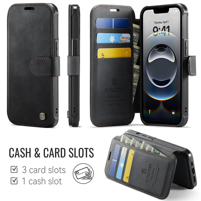AUTSPACE for iPhone 17e / iPhone 16e A15 Case RFID Blocking Wallet Leather Magnetic Phone Cover - Black - 2