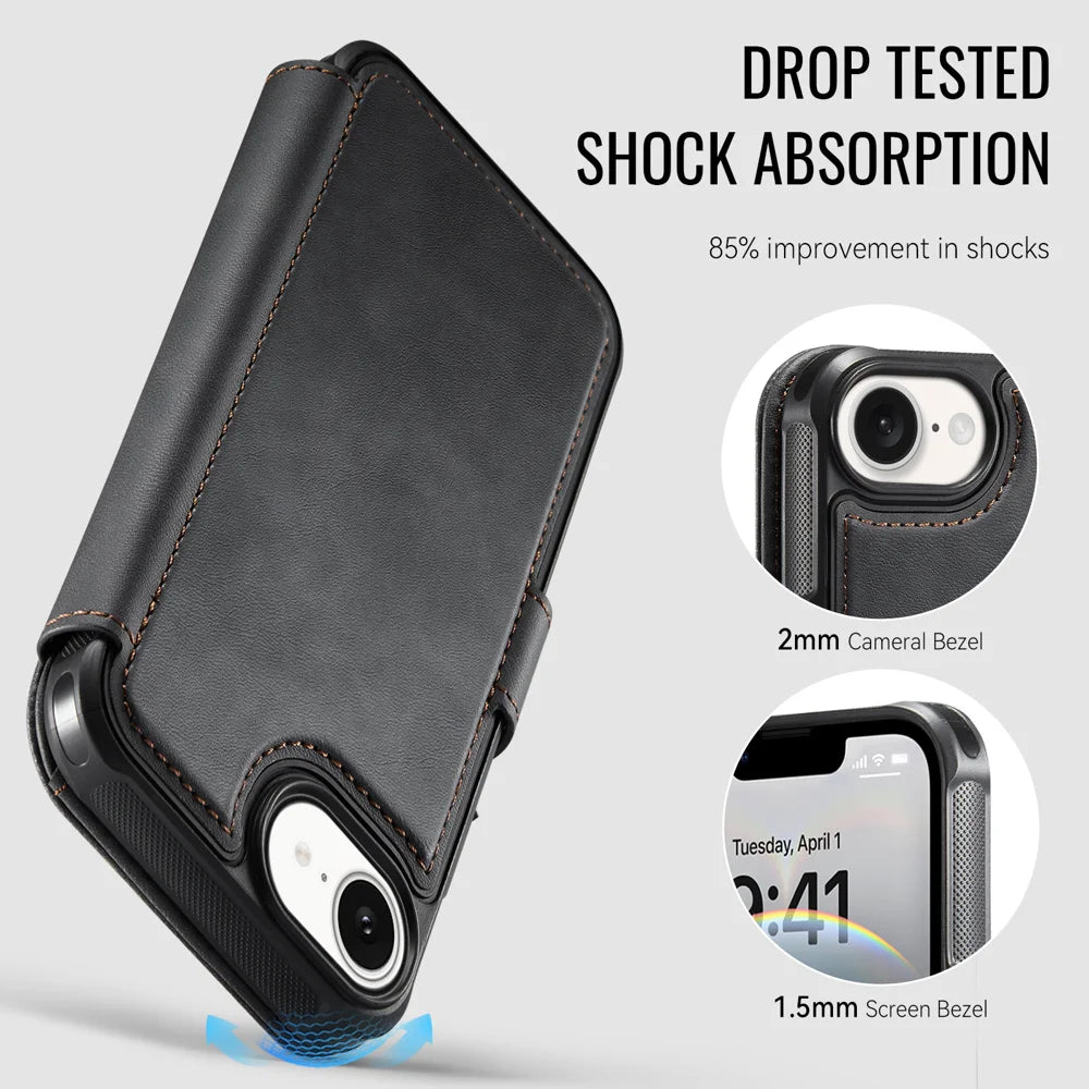 AUTSPACE for iPhone 17e / iPhone 16e A15 Case RFID Blocking Wallet Leather Magnetic Phone Cover - Black - 3
