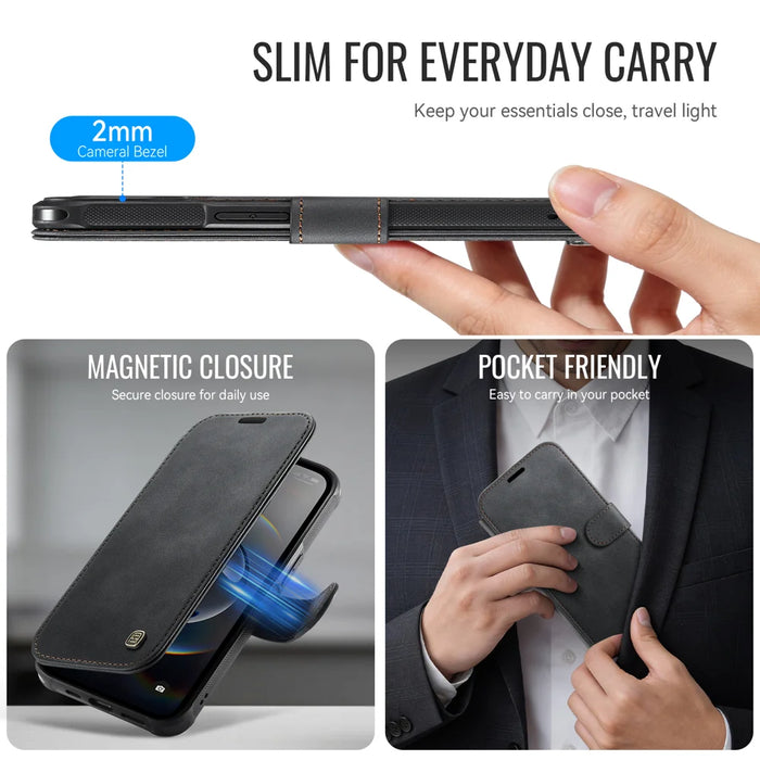 AUTSPACE for iPhone 17e / iPhone 16e A15 Case RFID Blocking Wallet Leather Magnetic Phone Cover - Black - 4