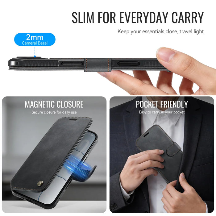 AUTSPACE for iPhone Air A15 Case RFID Blocking Wallet Leather Magnetic Phone Cover - Black - 4