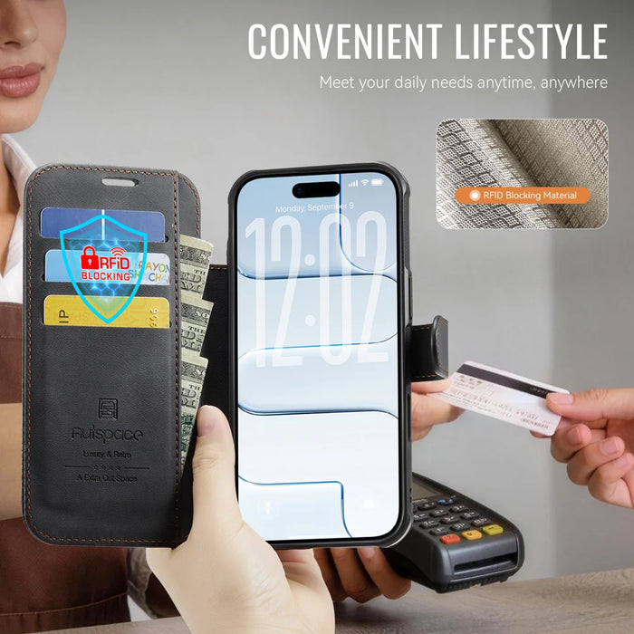 AUTSPACE for iPhone Air A15 Case RFID Blocking Wallet Leather Magnetic Phone Cover - Black - 7