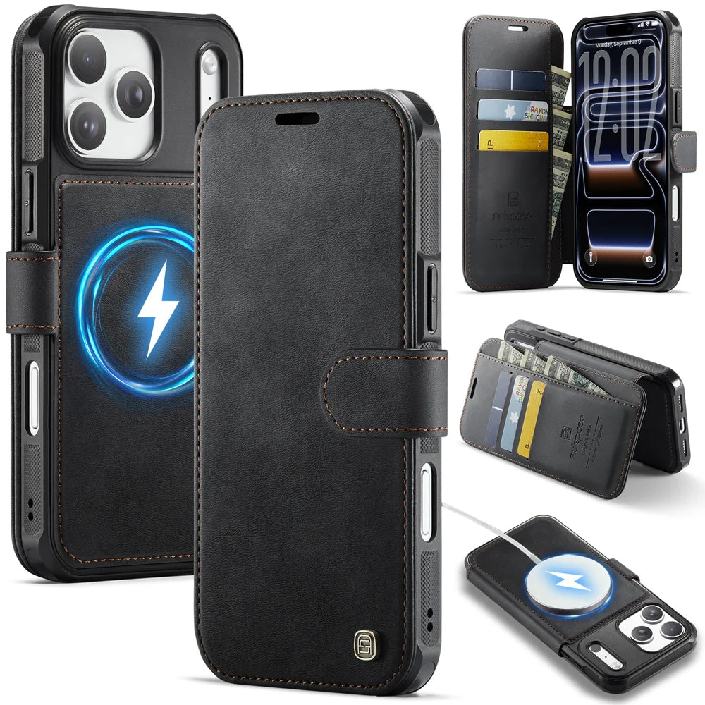 AUTSPACE for iPhone 17 Pro A15 Case RFID Blocking Wallet Leather Magnetic Phone Cover - Black - 1