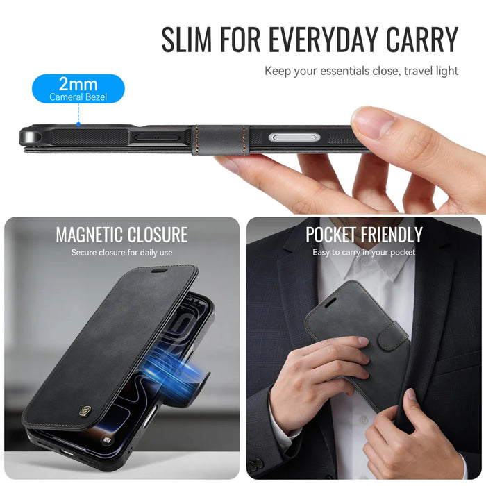 AUTSPACE for iPhone 17 Pro A15 Case RFID Blocking Wallet Leather Magnetic Phone Cover - Black - 4