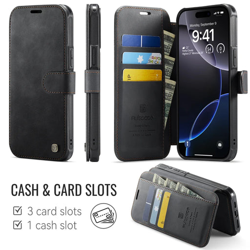 AUTSPACE for iPhone 14 Pro Max A15 Case RFID Blocking Wallet Leather Magnetic Phone Cover - Black - 2
