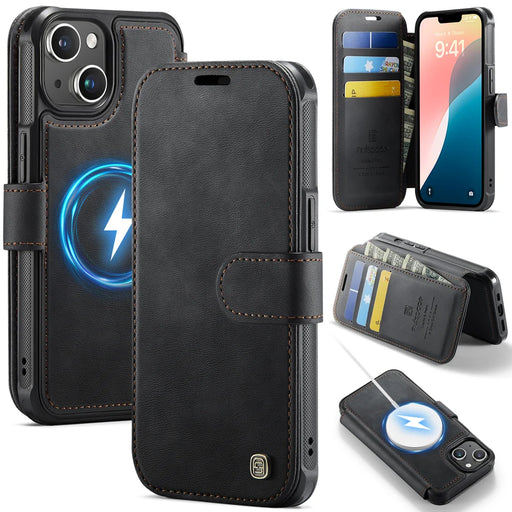 AUTSPACE for iPhone 13 A15 Case RFID Blocking Wallet Leather Magnetic Phone Cover - Black - 1