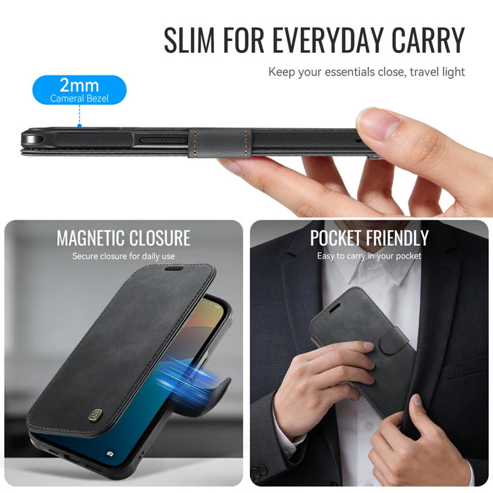 AUTSPACE for iPhone 13 A15 Case RFID Blocking Wallet Leather Magnetic Phone Cover - Black - 4