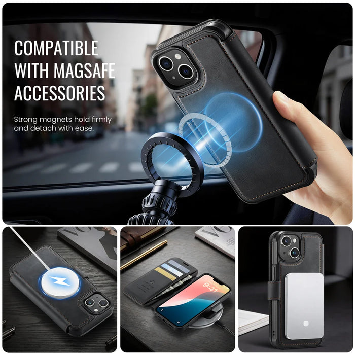 AUTSPACE for iPhone 13 A15 Case RFID Blocking Wallet Leather Magnetic Phone Cover - Black - 6