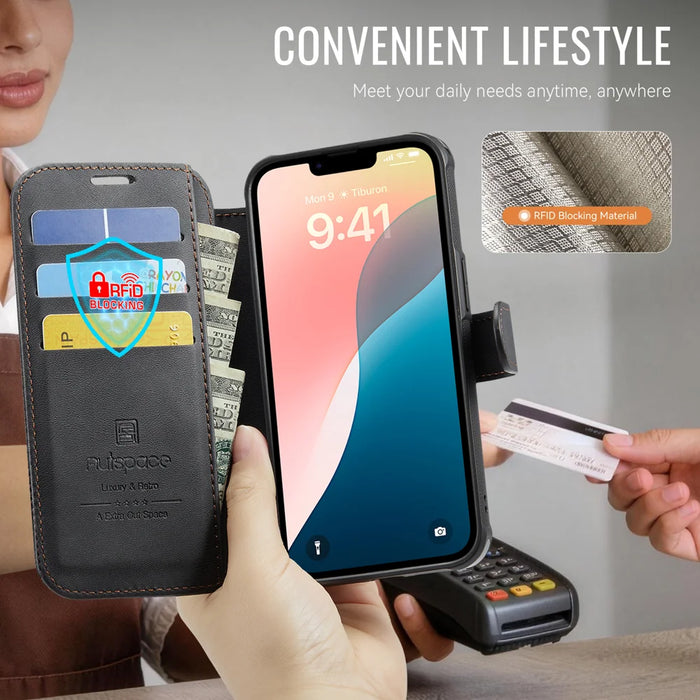 AUTSPACE for iPhone 13 A15 Case RFID Blocking Wallet Leather Magnetic Phone Cover - Black - 7