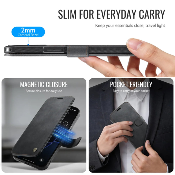 AUTSPACE for iPhone 13 Pro A15 Case RFID Blocking Wallet Leather Magnetic Phone Cover - Black - 4