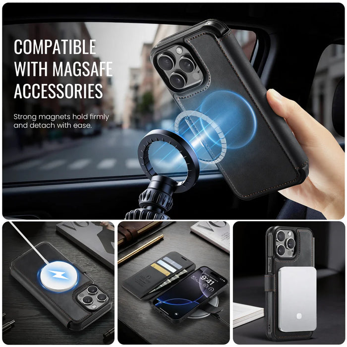 AUTSPACE for iPhone 13 Pro Max A15 Case RFID Blocking Wallet Leather Magnetic Phone Cover - Black - 6