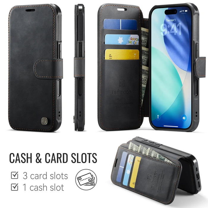 AUTSPACE for iPhone 17 A15 Case RFID Blocking Wallet Leather Magnetic Phone Cover - Black - 2