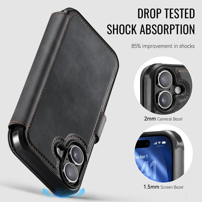AUTSPACE for iPhone 17 A15 Case RFID Blocking Wallet Leather Magnetic Phone Cover - Black - 3