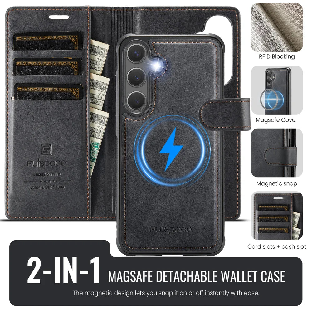 AUTSPACE for Samsung Galaxy S26 A05 Case Wallet Stand Detachable Leather Magnetic Phone Cover - Black - 2